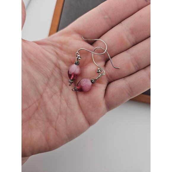 Plum Rise Stone Beaded Dangle Drop Earrings Silver Tone Hook Spring Dainty Basic - Picture 2 of 2